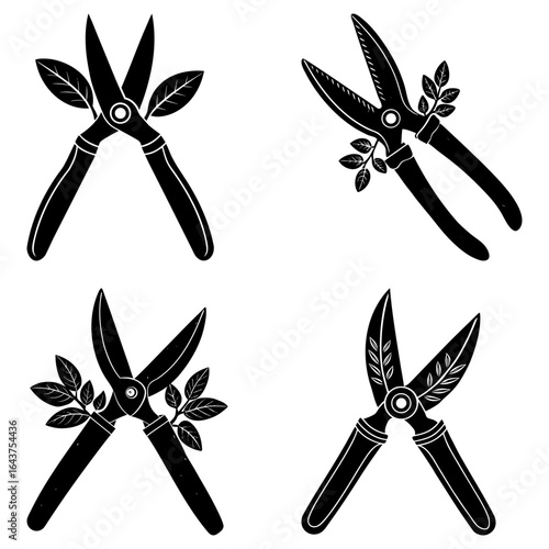 Four black and white illustrations of gardening shears with leaves and branches surrounding them