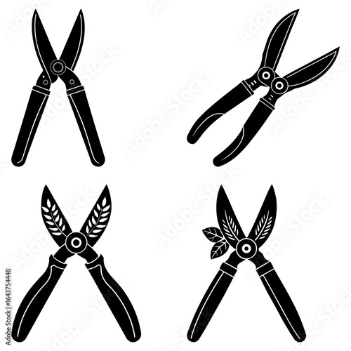 Four black and white illustrations of gardening shears with different blade designs and handle styles