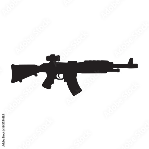 Black silhouette of a modern assault rifle with a scope and magazine, isolated on a white background, representing weaponry