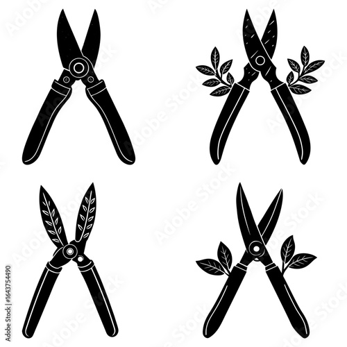 Silhouette illustration of four garden shears with leaves in various orientations and arrangements
