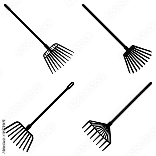 Four black rakes with long handles arranged on a white background in a symmetrical and clean pattern design