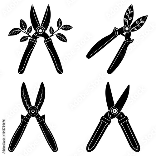 Illustration of four black garden shears in different positions on a white background vector image