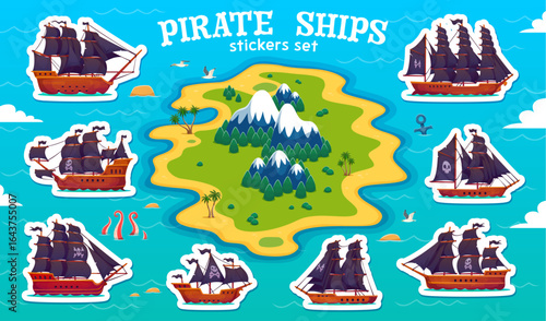 Pirate sail ships stickers pack. Cartoon vector sailing corsair vessels with black skull and bones flags, wooden hulls and maritime elements around the island with mountains, tropical trees and sea