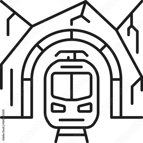 Railroad railway icon of train, subway or metro tunnel, vector line pictogram. Railroad and railway symbol of tunnel road for metro underground, tram or intercity train and railcar transport travel