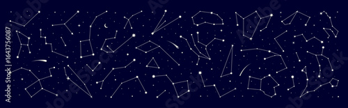 Star constellation border with night sky map in background, vector zodiac signs. Stars constellation border with galaxy starry sky for mystic astrology, esoteric magic and horoscope or space astronomy
