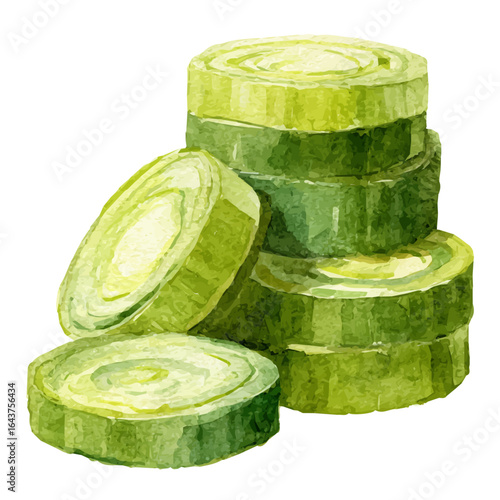 My Watercolor illustration, chopped leeks in round green painting isolated on a white background, illustration, AI painting design, vector illustration set, eps format	