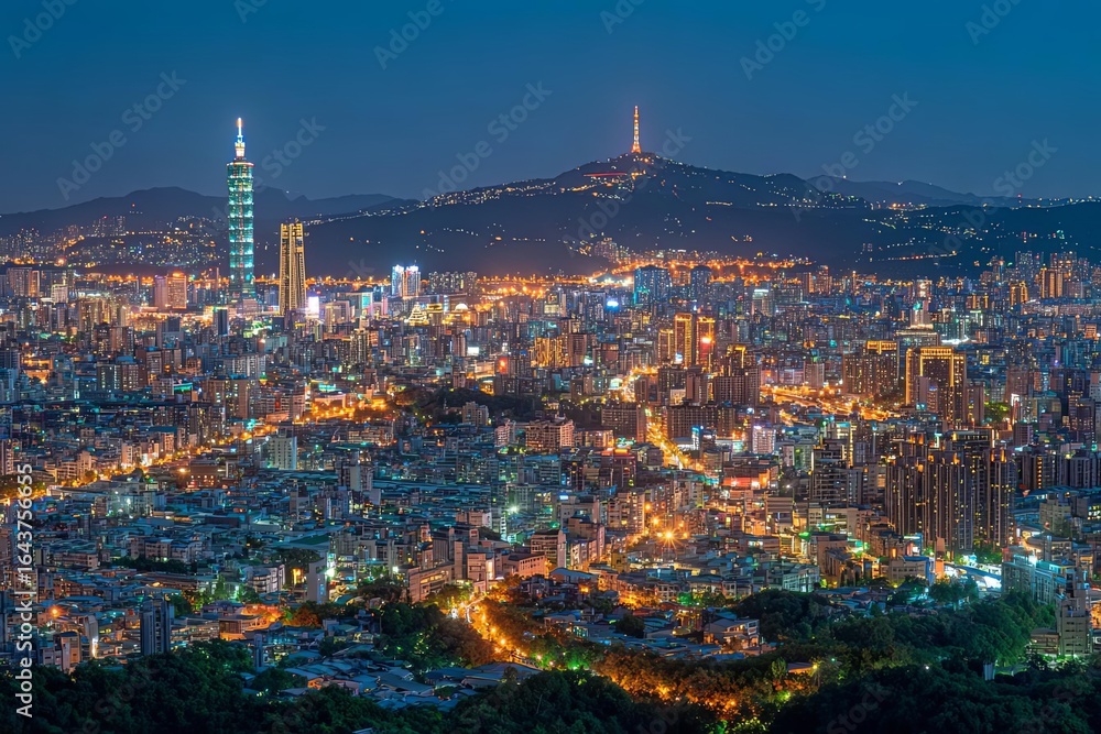 Obraz premium A stunning panoramic view of a vibrant city skyline illuminated at night.