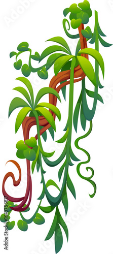 Vertical tropical jungle rain forest liana vine branches with leaves and hanging roots. Cartoon vector Amazon rainforest tree plant thicket, forest climbing green foliage, African nature flora spinney