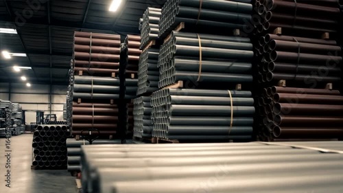 Industrial Warehouse Pipes Storage: Rows of neatly stacked pipes in a large warehouse.