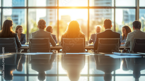 A group of business professionals are gathered around a modern conference table inside a sunny office boardroom, discussing work topics during a collaborative meeting.