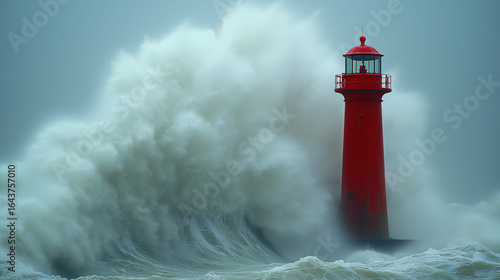 A striking red lighthouse endures a powerful, massive ocean wave crashing against its structure. The sea churns with white foam under a stormy sky.