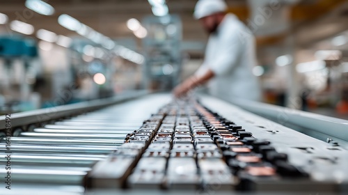 Wallpaper Mural Worker Operating Conveyor Belt in Modern Manufacturing Facility with Focused Precision Torontodigital.ca