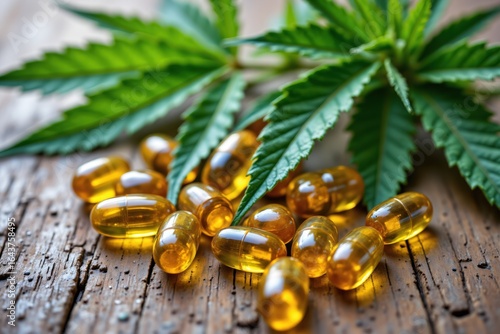 Golden Softgel Capsules with Cannabis Leaf on Rustic Wooden Surface