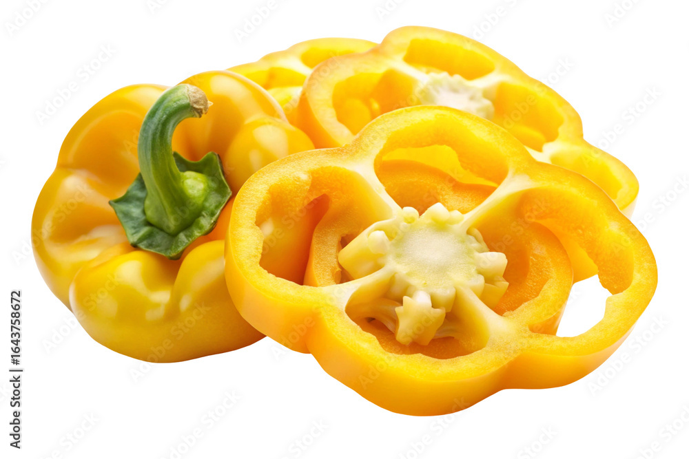 Yellow pepper slices on white background showing fresh vegetable texture and bright color detail
Yellow pepper slices on white background showing fresh vegetable texture and bright color detail