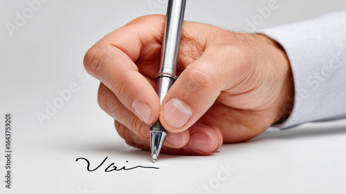 Close up of hand holding pen signing document, signature under review, business agreement, approval process, professional setting
