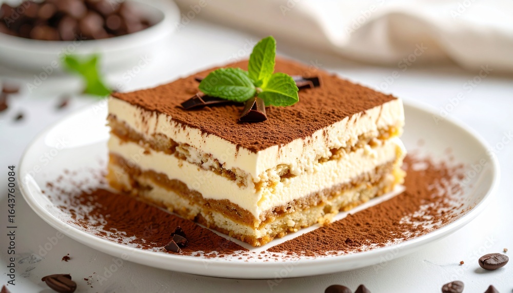 Classic Italian coffee-flavored dessert, a square slice of tiramisu with cocoa dusting and fresh mint Classic Italian coffee-flavored dessert, a square slice of tiramisu with cocoa dusting and fresh mint