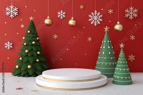 Festive Christmas Stage Background with Red Wall and White Pedestal