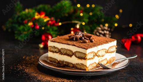 Classic Italian Tiramisu dessert slice on a plate, set against a festive Christmas background with decorations.