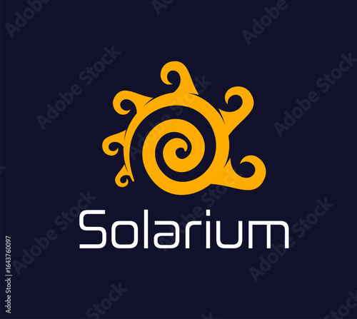 Solarium tan icon, summer beach sun symbol. Beauty salon solarium vector emblem, sunscreen cosmetics brand symbol. Summer vacation travel agency or resort beach sign with abstract spiral sun and rays