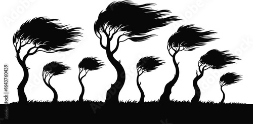 Dramatic illustration of trees bending under the force of a powerful gale