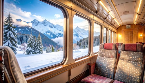 Scenic winter train journey through snow-covered mountains and forests, capturing the breathtaking beauty of a snowy landscape.