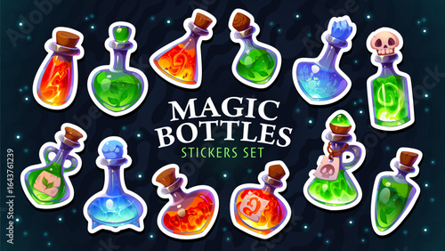 Cartoon magic potion bottles, Halloween elixir or poison stickers pack. Vector patches with mystical witch glass vials filled with magical spell drinks and colorful liquids at mysterious starry sky