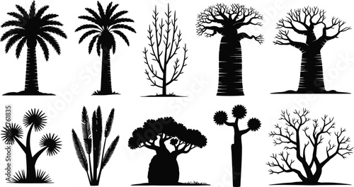 Collection of diverse african tree silhouettes for graphic design projects
