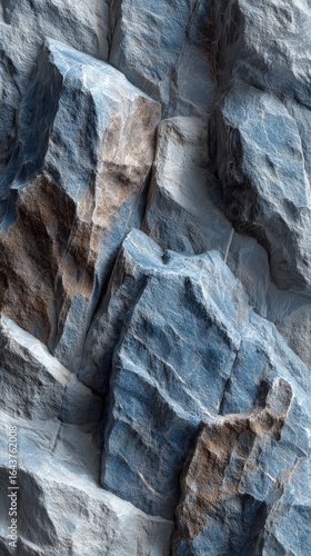Close-up view of jagged, layered rocks in shades of gray, blue, and brown.  Textured surface with sharp angles and crevices