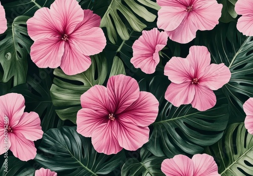 Wallpaper Mural Vibrant Pink Hibiscus Flowers with Lush Green Leaf Background Torontodigital.ca