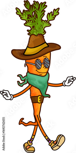 Cartoon groovy carrot cowboy or bandit vegetable, vector character. Funny groovy carrot in cowboy hat, sunglasses and bandana kerchief as Wild West vagabond or Western ranger character in sombrero