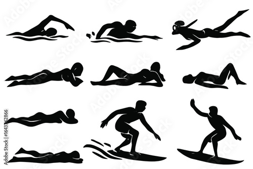 Silhouette depictions of various individuals engaged in diverse water activities, exuding dynamic energy and recreational pursuit