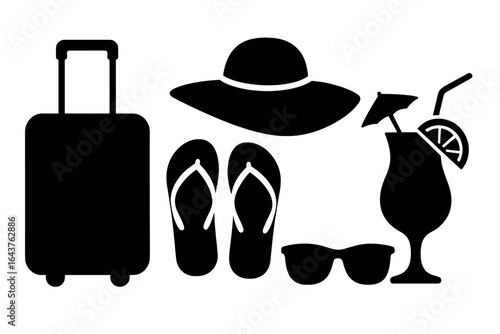 A silhouette of vacation essentials, depicting a suitcase, sun hat, flip-flops, sunglasses, and a cocktail