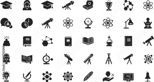 Collection of education and science icons including graduation caps and telescopes in black color scheme