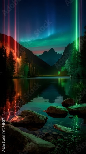 Northern Lights Over Serene Lake with Mountain Reflections and Submerged Rocks in Foreground