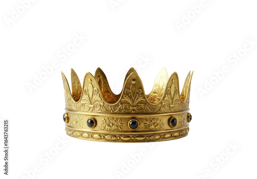 Exquisite antique golden royal crown with intricate filigree and dark jewels, isolated on seamless transparent, high-key product photography. Concept of leadership and success