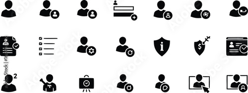 Collection of user account and profile related glyph icons representing various user management features
