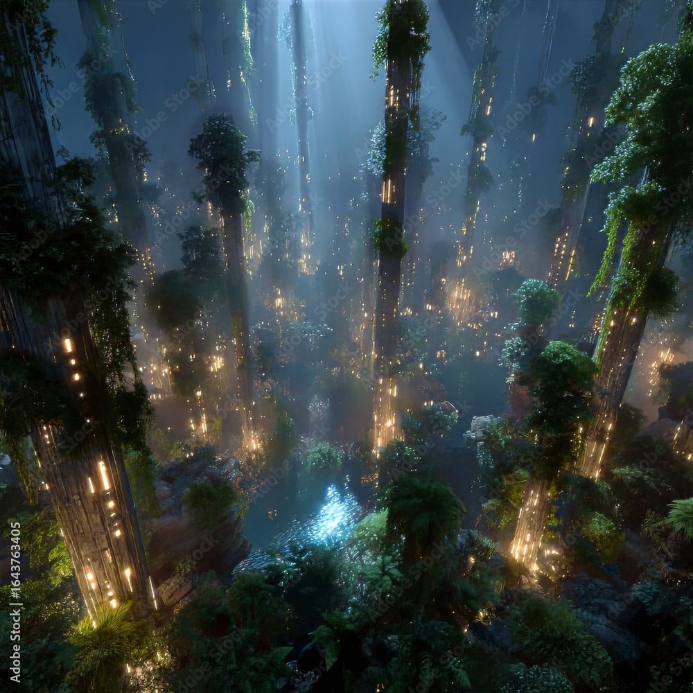 Obraz premium Enchanted Forest with Glowing Plants and Ethereal Light Beams
