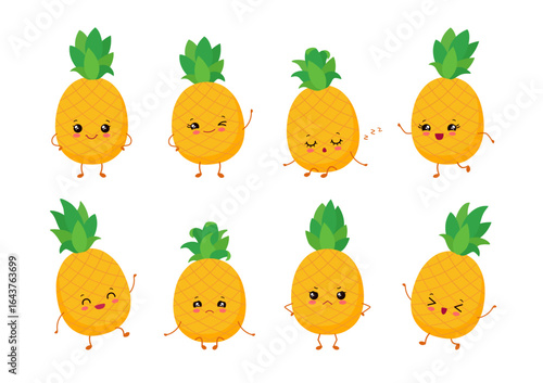 Cute kawaii pineapple character. Fruit emoji set vector illustration. Happy smile, laughing, angry, sad, winking, sleeping, dancing emoticons. Cartoon anime face - eyes, mouth, funny arms and legs.