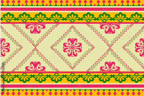 Traditional cross stitch needlework Geometric ethnic pattern . pixel horizontal Seamless vector Native ethnic pattern cross stitch border fabric clothing textile knitwear print texture	