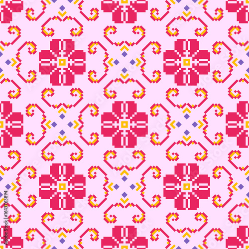 Traditional cross stitch needlework Geometric ethnic pattern . pixel horizontal Seamless vector Native ethnic pattern cross stitch border fabric clothing textile knitwear print texture	