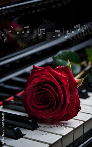 Red Rose with Water Droplets Resting on Piano Keys with Musical Notes in Background