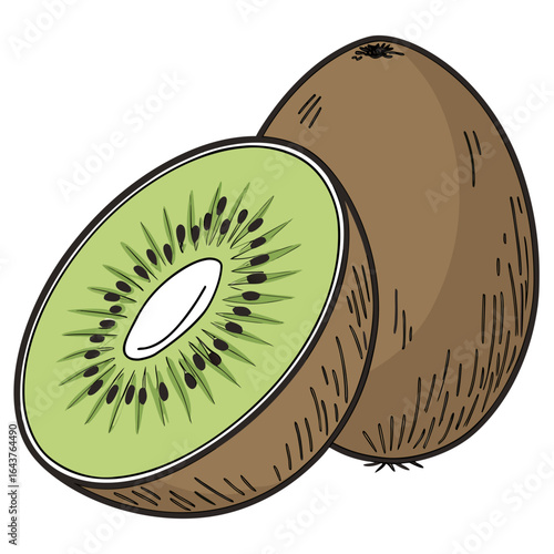 Two kiwi fruits, one whole and one cut in half, vibrant and detailed