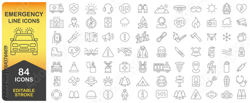 Emergency Editable Stroke Line Icon Set. Simple Minimal Thin Emergency Line Icons Collection. Includes SOS, Safety, Alarm, Ambulance, Hospital, and Warning Symbols. Isolated Vector Illustration Image