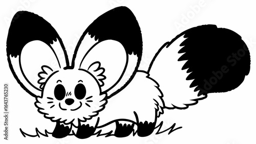 Cartoon fennec fox with large ears and fluffy tail standing on grass in black and white outline style