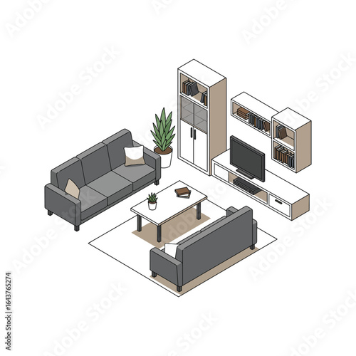 Modern house living room interior with furniture, computer, and network server