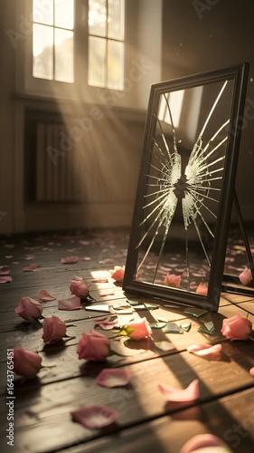 Broken Mirror with Starburst Cracks and Scattered Pink Rose Petals on Wooden Floor in Sunlight