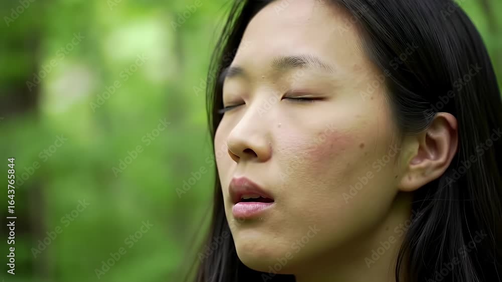 Young Asian Woman Meditating Outdoors with Closed Eyes and Serene Expression in Nature Setting Young Asian Woman Meditating Outdoors with Closed Eyes and Serene Expression in Nature Setting