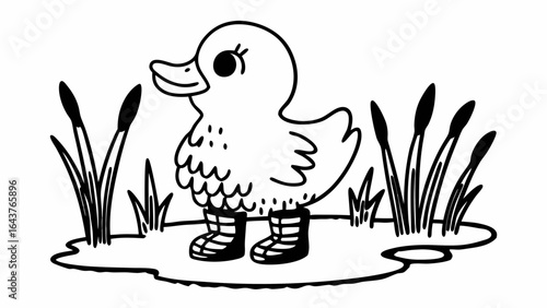 A cartoon duck wearing boots standing in a puddle surrounded by reeds and grass in black and white