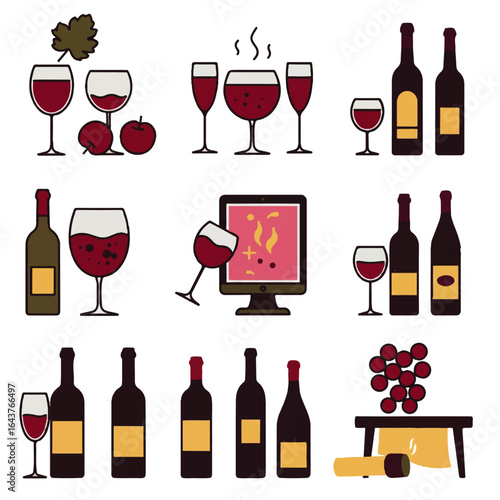 Collection of diverse wine-themed vector illustrations featuring bottles, glasses, and grape clusters, ideal for beverage, food, and hospitality industry designs.