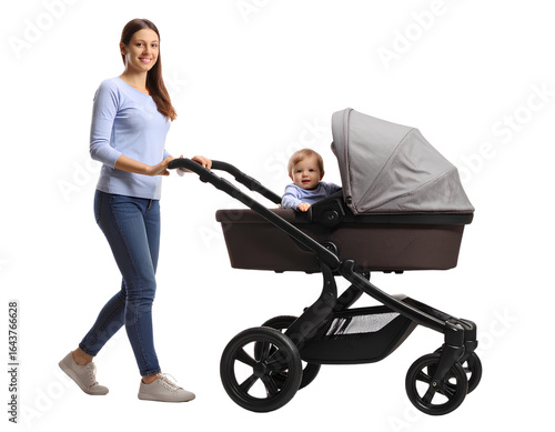 A woman pushing a stroller with a child seated inside, walking on a sunny day isolated on transparent background.